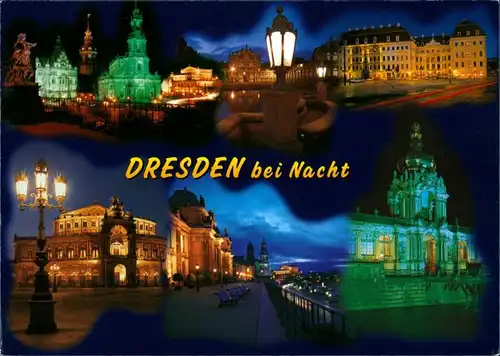 Dresden Stadtteilansichten bei Nacht, Mehrbildkarte ungelaufen 2000