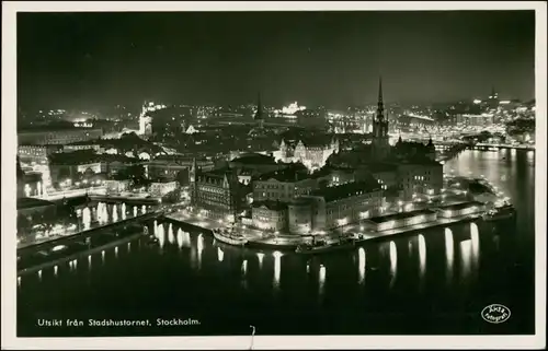 Stockholm Stadshustornet/Stadt im Abend-/Nachtlicht, Panoramic View 1954