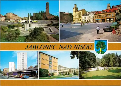 Gablonz (Neiße) Jablonec nad Nisou 4 Bild Karte, Hochhäuser, Markt, Autos 1994