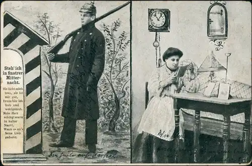 Ansichtskarte  "Steh ich in finstrer Mitternacht", Soldat denkt an Frau 1904 gelaufen nach Hittfeld (mit Ankunftsstempel)