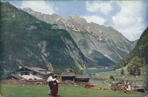 Ansichtskarte Berchtesgaden Obersee Alpen Panorama, Paar vor Bauernhof 1913
