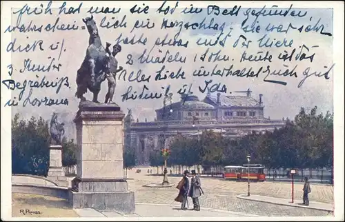 Ansichtskarte Wien Tram, Strassenbahn passiert Denkmal am Theater 1926