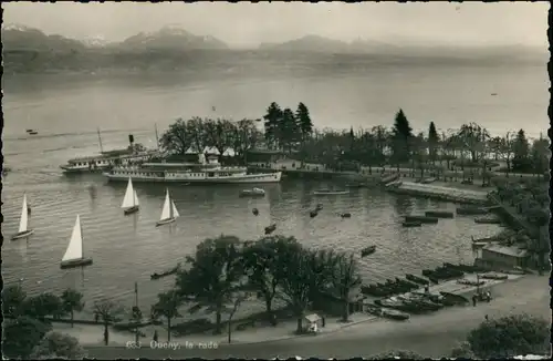Ansichtskarte Ouchy-Lausanne La Rade/Hafen mit Dampfer und Segelbooten 1958