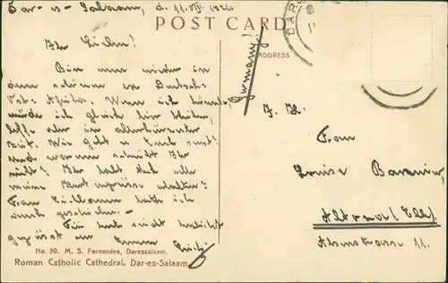 Postcard Daressalam Roman Catholic Cathedral 1924