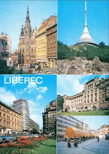 Postcard Reichenberg Liberec Ještěd/Rathaus, Fernsehturm, Straßen 1985