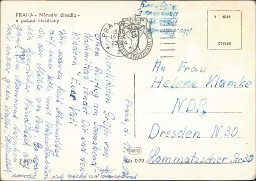 Postcard Prag Praha Národní divadlo. v pozadí Hradčany 1956