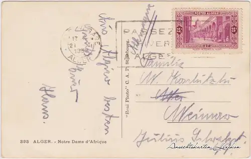 Postcard Algier دزاير Notre Dame d'Afrique 1938