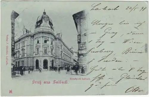 Laibach Ljubljana Lubiana Straßenpartie  an der Hauptpost Vintage Postcard 1898