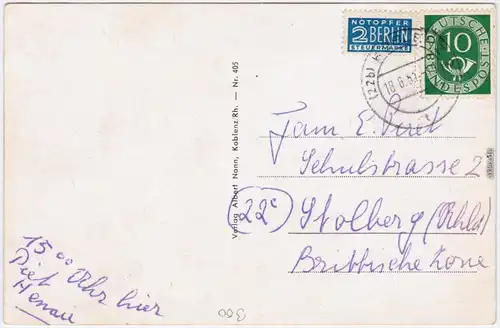 Stolzenfels Koblenz Gruss vom Rhein, Marksburg, Stolzenfeld, Königstuhl 1951