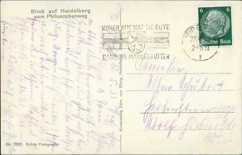 Heidelberg Panorama-Ansicht Philosophenweg aus gesehen 1933