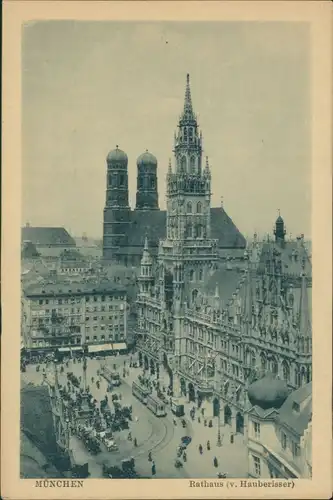 München Rathaus, Marienplatz, Tram, Straßenbahn, Blick vom Hauberisser 1920