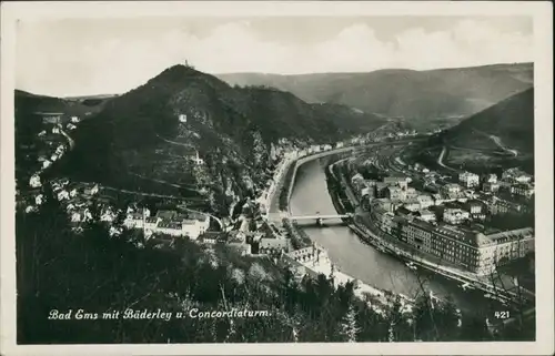 Ansichtskarte Bad Ems Panorama-Ansicht mit Bäderley u. Concordia-Turm 1930