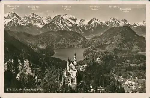 Schwangau Schloss Neuschwanstein, Panorama, Alpen Berge mit Namen 1937