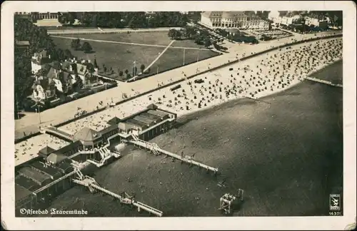 Ansichtskarte Travemünde-Lübeck Luftbild Stadt und Seebrücke 1934