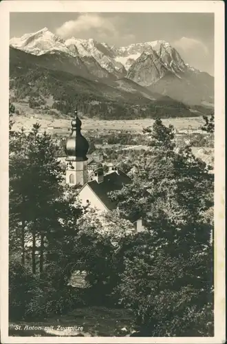 St. Anton am Arlberg Panorama mit Kirche, Blick zur Zugspitze, Alpen-Berge 1930