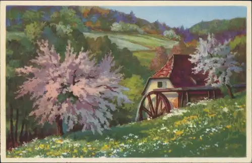 Ansichtskarte  EAS-Künstlerkarte, Mühle mit blühender Landschaft 1920