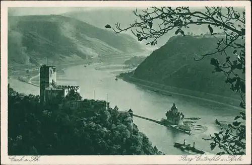 Kaub Panorama-Ansicht, Rhein Schiff passiert Burg und Pfalz 1910