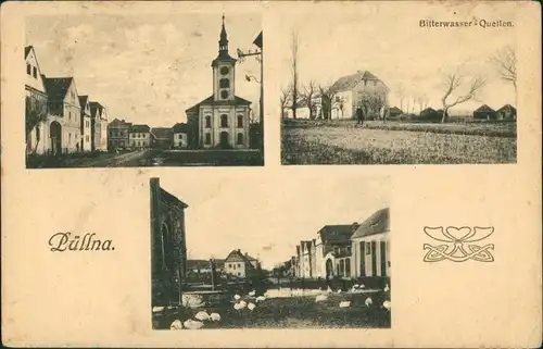 Postcard Püllna Billna Bylany u Mostu 3 Bild Straßen, Kirche Brüx Most 1909
