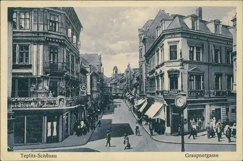 Postcard Teplitz-Schönau Teplice Graupnergasse - Geschäfte 1927