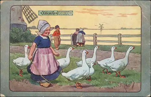 .Niederlande Künstlerkarte Windmühlen Kinder Gänse Holland Typen 1941