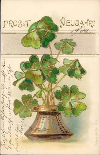 Neujahr: Jugenstil - Vase mit Kleblättern - Goldrand 1903 Goldrand