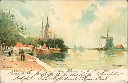 Postkaart Zaanstad Zaandam - Windmühle Künstlerkarte 1899