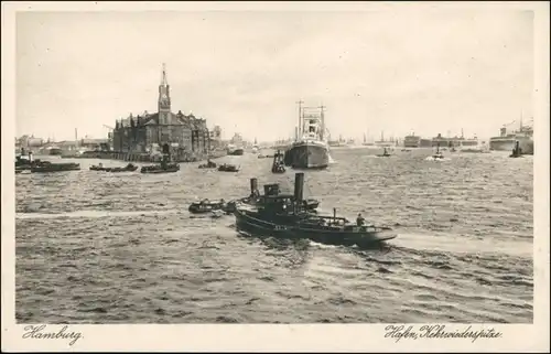 Ansichtskarte Hamburg Hafen, Kehrwiederspitze - Dampfer u. Schlepper 1929