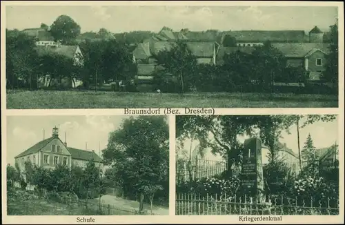 Braunsdorf-Wilsdruff 3 Bild: Stadt, Schule, Kriegerdenkmal 1922grünstich