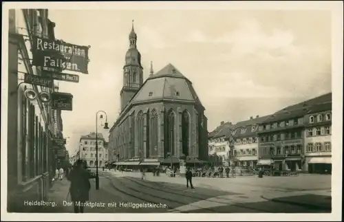 Ansichtskarte Heidelberg Marktplatz, Restaurant zum Falken 1930