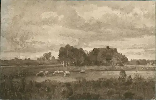 Ansichtskarte  Künstlerkarte Gehöft mit Tieren auf der Weide 1910
