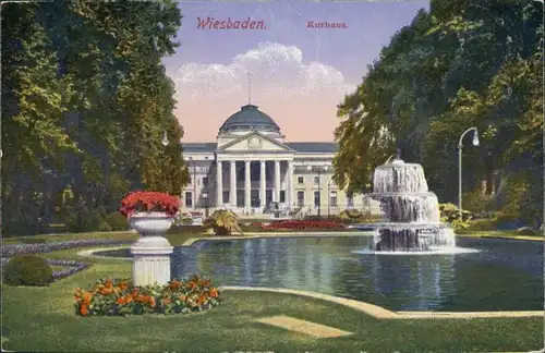 Ansichtskarte Wiesbaden Kurhaus, Partie mit Springbrunnen, Wasserspiele 1910