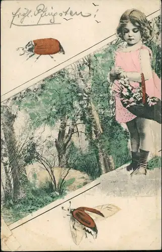 Ansichtskarte  Pfingsten - Fotokunst Mädchen und Maikäfer 1908
