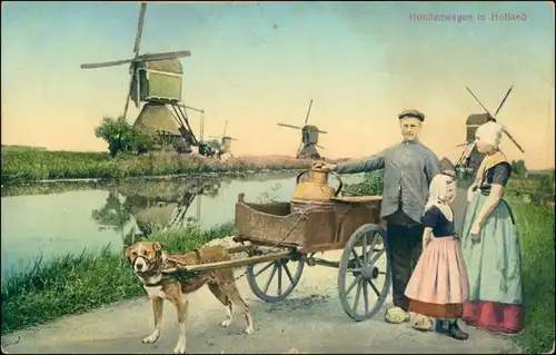 Postkaart .Niederlande Hundewagen, Windmühlen Typen Holland 1914