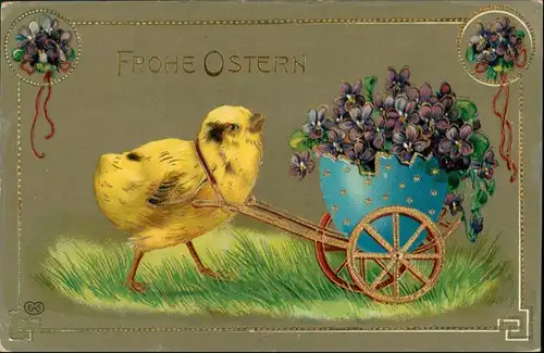 Ansichtskarte  Kücken zieht Osterei mit Veilchen Goldpräge AK 1911 Goldrand