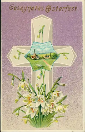 Glückwunsch Ostern / Oster-Karten Prägekarte Kreuz Lamm Kirche 1909 Goldrand