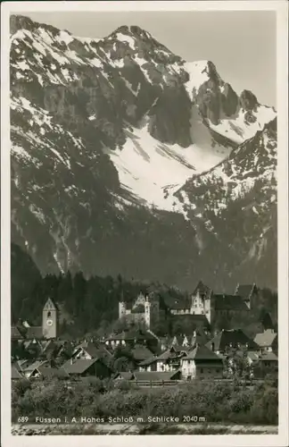 Ansichtskarte Füssen Hohes Schloss mit Schlicke, Berg, Alpen verschneit 1940