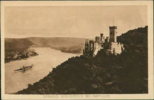 Stolzenfels-Koblenz Rhein Schiff passiert Schloß Stolzenfels 1920