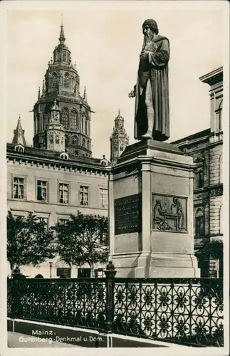 Ansichtskarte Mainz Gutenberg-Denkmal, Dom im Hintergrund 1930