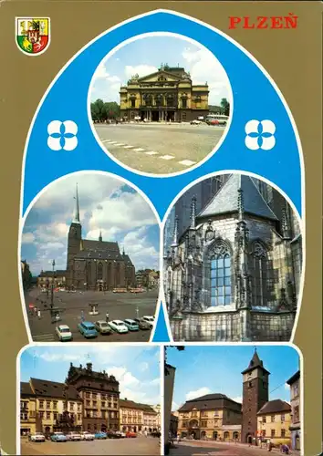 Postcard Pilsen Plzeň Goldhintergrund, Markt, Kirche, Autos 1974