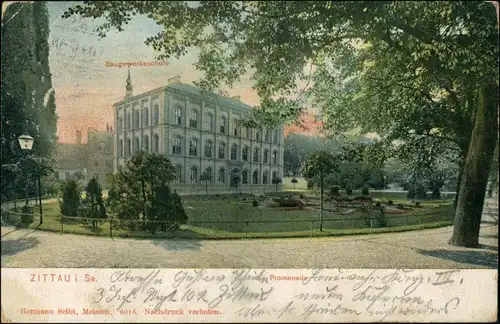 Ansichtskarte Zittau Partie an der Promenade mit Baugewerkeschule 1909