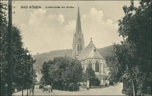 Bad Kösen Lindenstrasse mit Kirche, Pferde Fuhrwerk, Litfaßsäule 1910