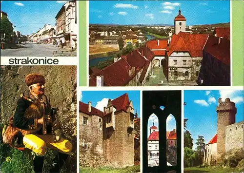Postcard Strakonitz Strakonice Straße, Burg, Dudelsackspieler 1980