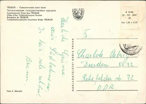 Postcard Třeboň Československé státní lázně 1975