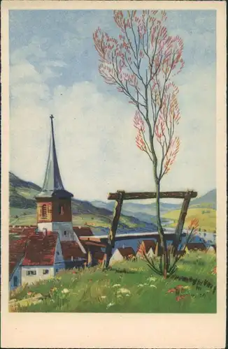 Ansichtskarte  Künstlerkarte Dorf Idyll, Bank auf Wiese vor Kirche 1930