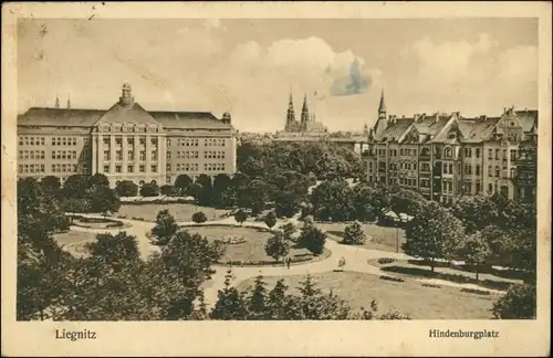 Liegnitz Legnica Hindenburgplatz Häuser umrandet mit Grünflächen 1927