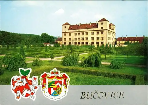 Butschowitz Bučovice Schloss zámek Bučovice Garten mit Wappen 1976