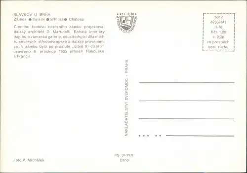 Postcard Austerlitz Slavkov u Brna Schloss/Zámek mit Wappen 1976