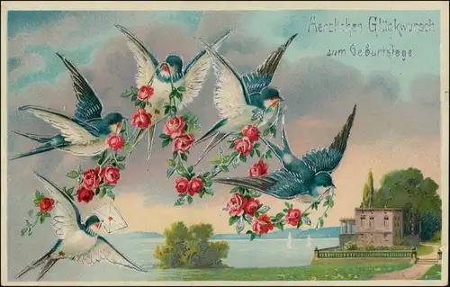 Ansichtskarte  Schwalben Rosenkranz Silberprägekarte 1914 Silberrand