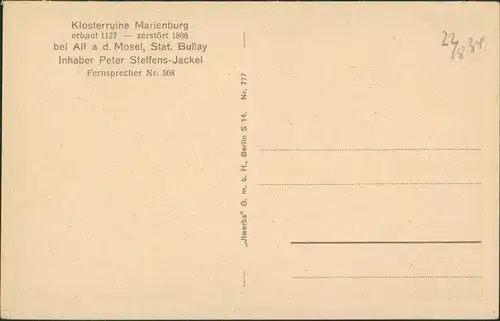 Ansichtskarte Alf (Mosel) Kloster Marienburg - Altdeutscher Speisesaal 1926