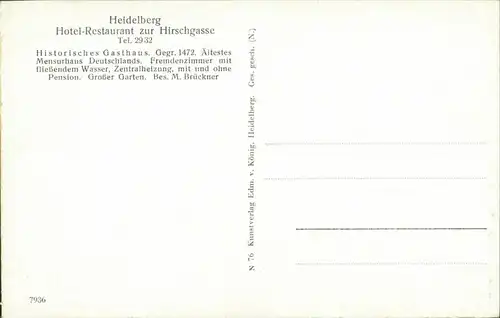 Ansichtskarte Heidelberg Hotel Restaurant Hirschgasse 1939